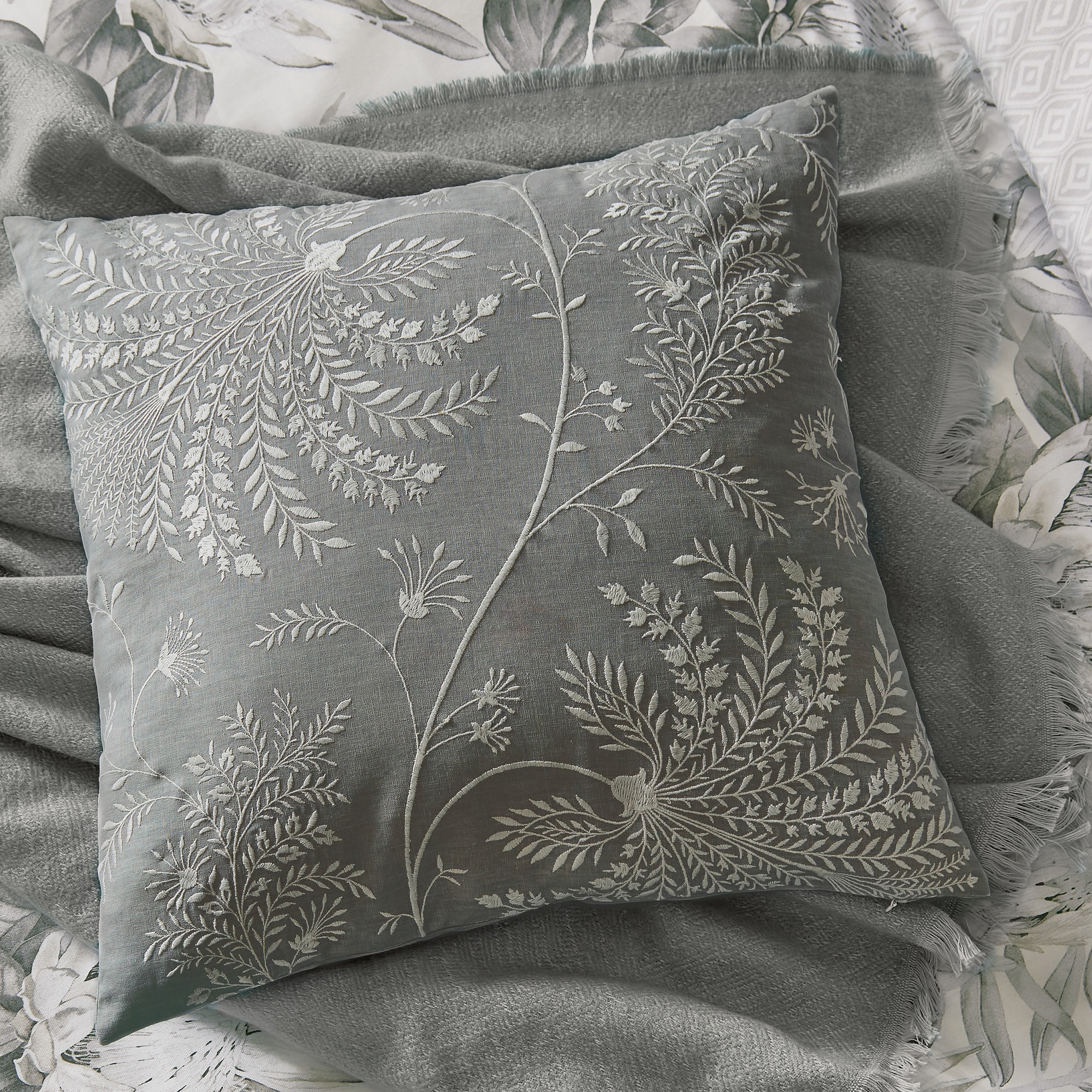 King Protea Embroidered Floral Cushion By Sanderson In Grey